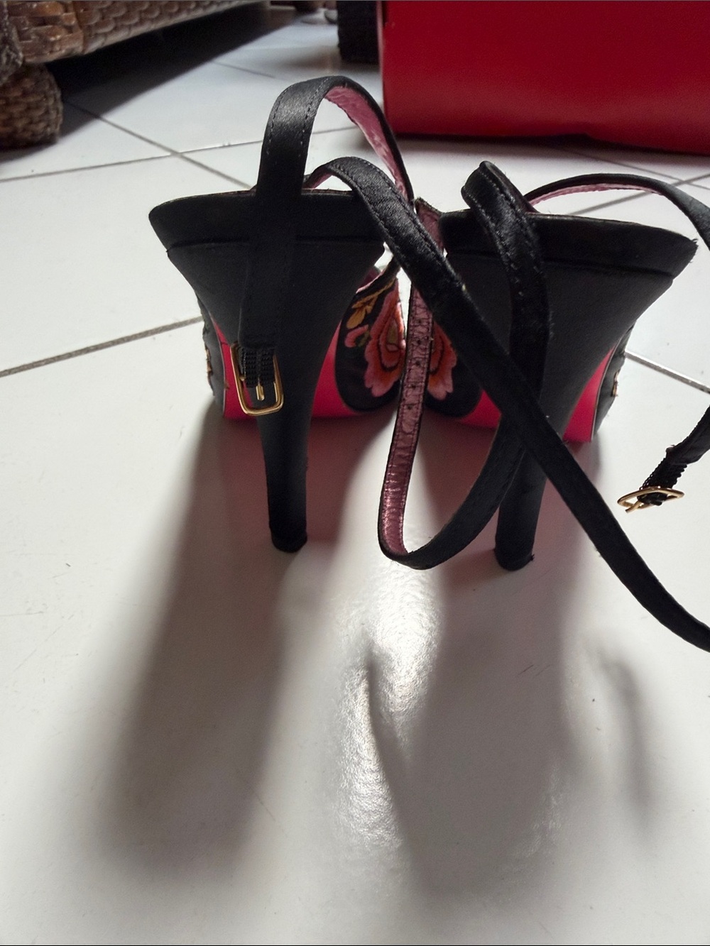 Betsey Johnson Black Embroidered Peep-Toe Heels with Pink Lining - Picture 3 of 7